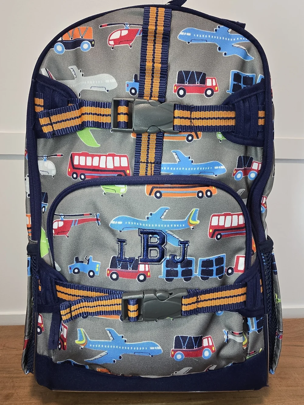 Pottery Barn Kids Gray/blue Rolling Backpack with Vehicle Print 